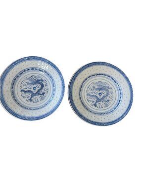 Dragon & Diamond Rice Eyes Porcelain Luncheon Plate Set of 2 Embossed 8" VTG